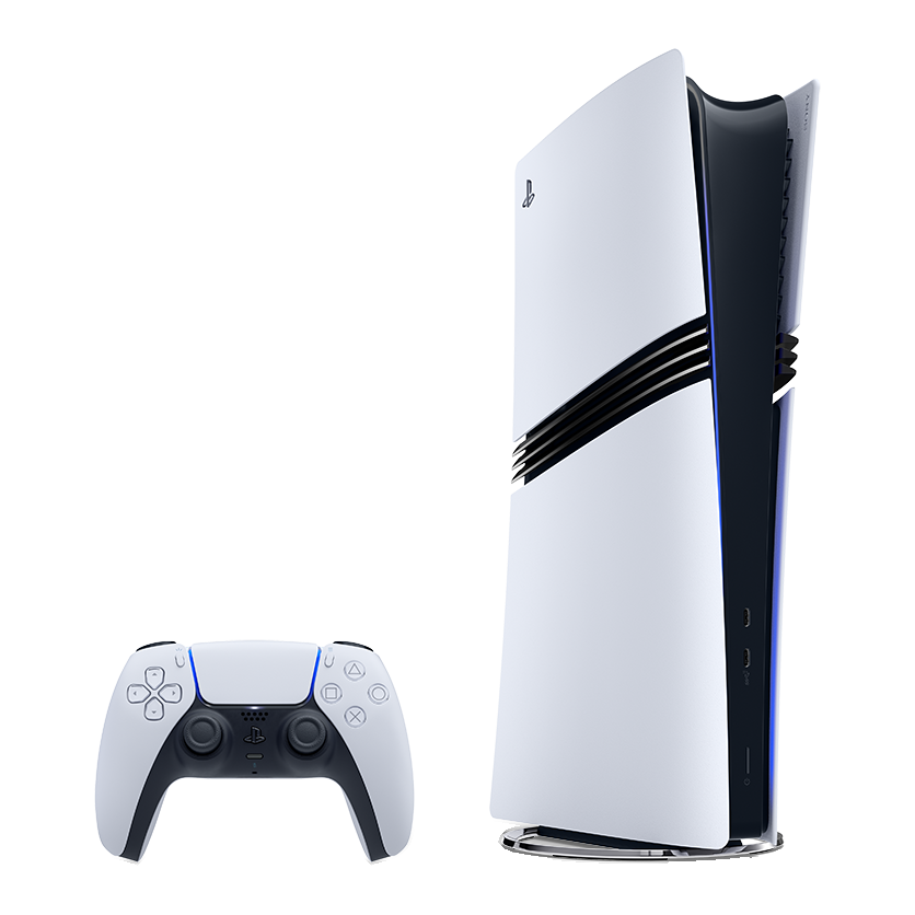PlayStation 5 Pro blanche debout avec sa manette DualSense