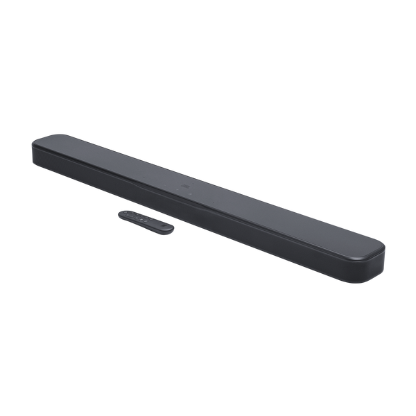 Barre de son JBL Bar 300MK2 noire avec sa télécommande, vue de trois quarts
