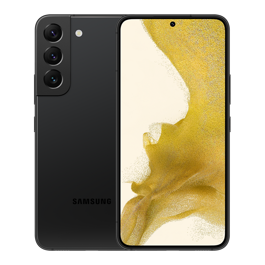 Samsung Galaxy S22 128 Go noir, vu de face et de dos