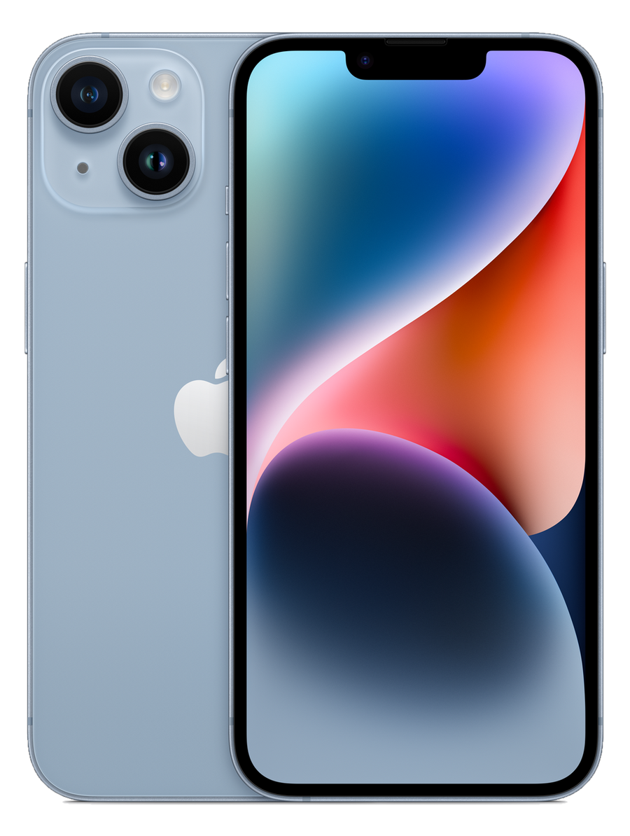 iPhone 14 128 Go bleu, vu de face et de dos