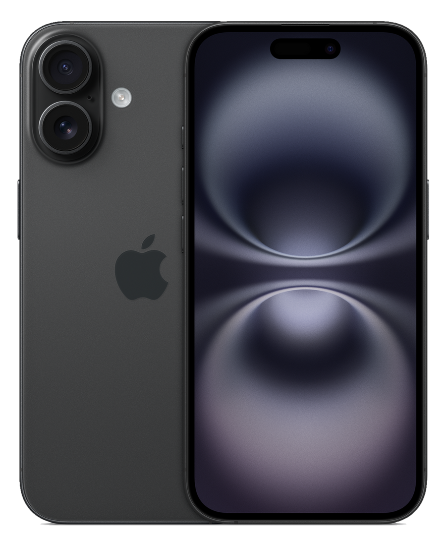 iPhone 16 128 Go noir, vu de face et de dos
