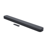 Barre de son JBL Bar 300MK2 noire avec sa télécommande, vue de trois quarts