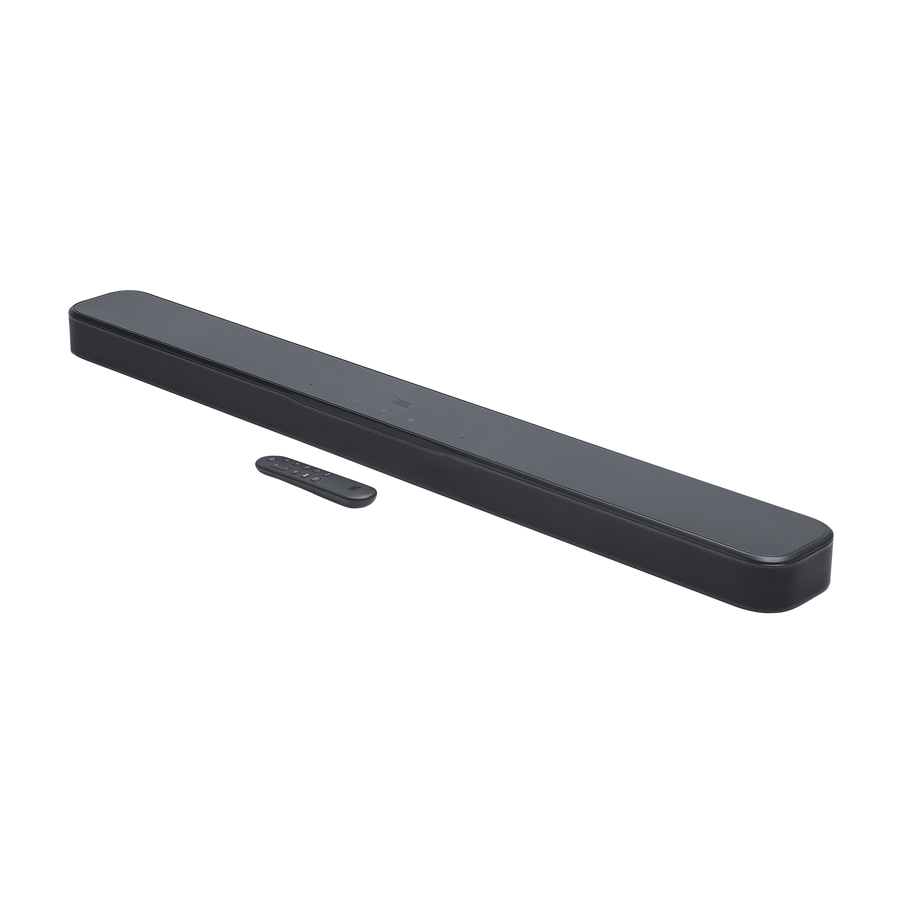 Barre de son JBL Bar 300MK2 noire avec sa télécommande, vue de trois quarts