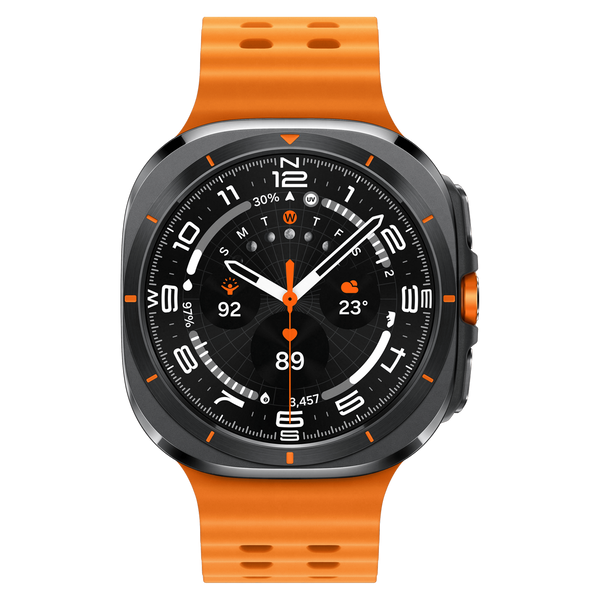 Samsung Galaxy Watch Ultra gris titane avec bracelet orange, cadran