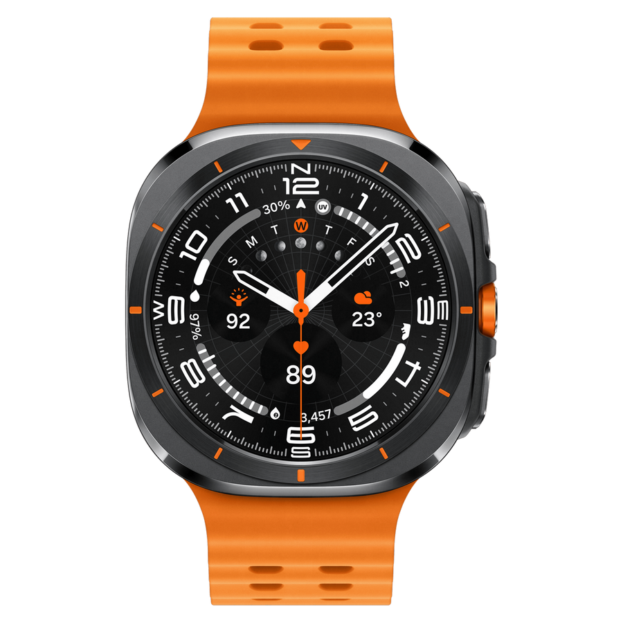 Samsung Galaxy Watch Ultra gris titane avec bracelet orange, cadran