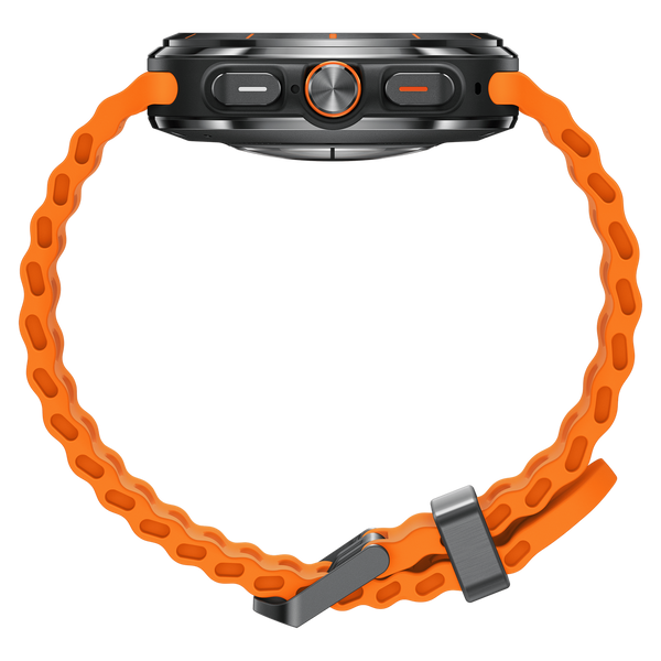 Samsung Galaxy Watch Ultra gris titane avec son bracelet orange, vue de profil
