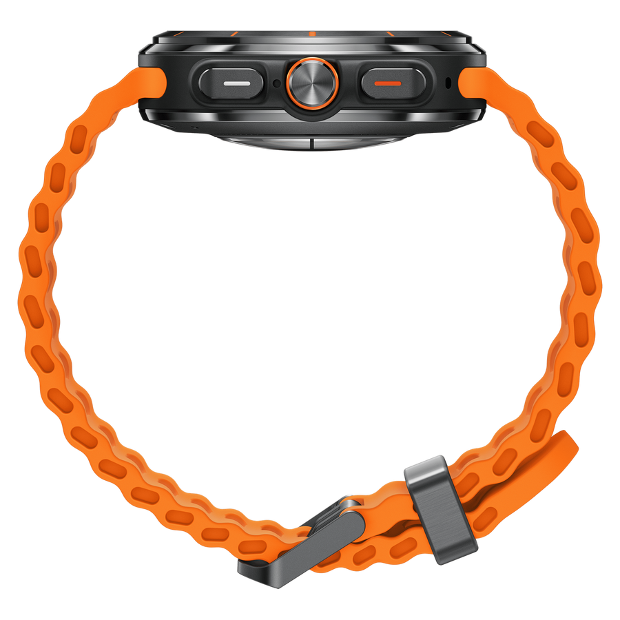 Samsung Galaxy Watch Ultra gris titane avec son bracelet orange, vue de profil