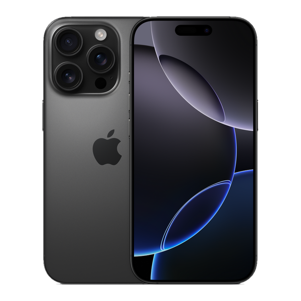 iPhone 16 Pro 128 Go titane noir, vu de face et de dos