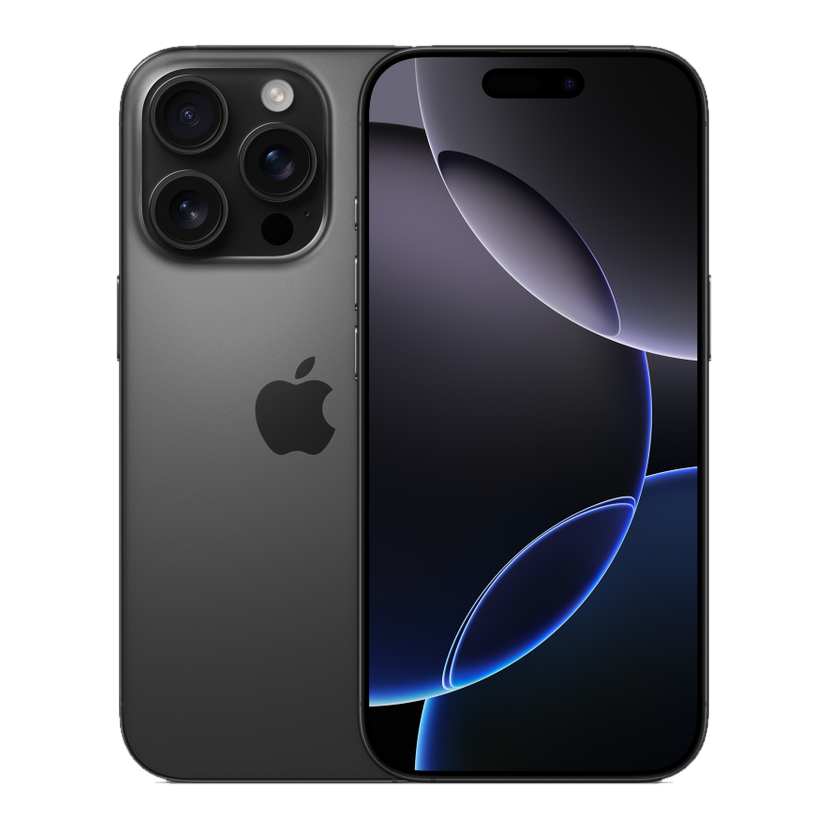 iPhone 16 Pro 128 Go titane noir, vu de face et de dos