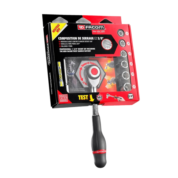 Coffret Facom 8 outils cliquet et douilles 3/8 pouce, vue d'ensemble
