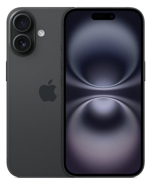 iPhone 16 128 Go noir, vu de face et de dos