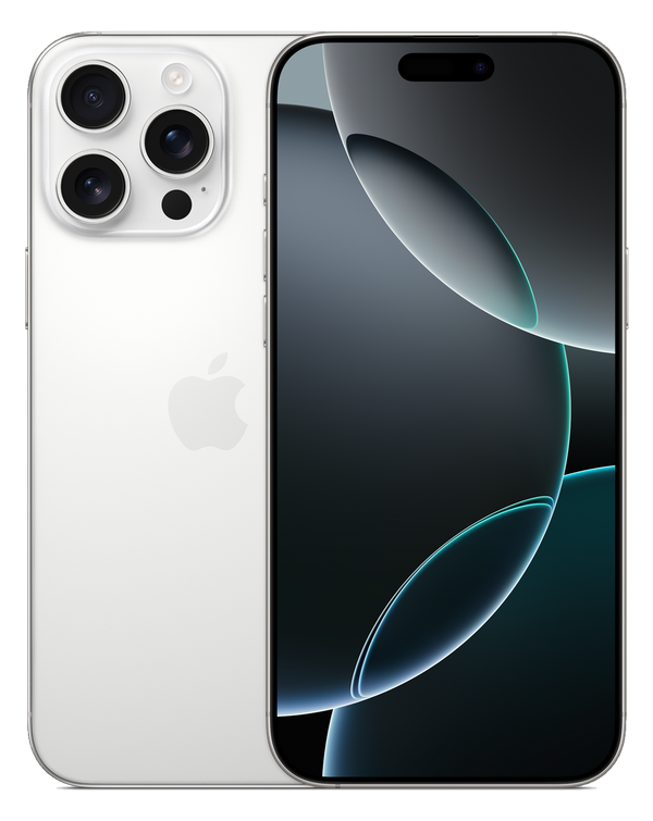 iPhone 16 Pro Max 256 Go titane blanc, vu de face et de dos