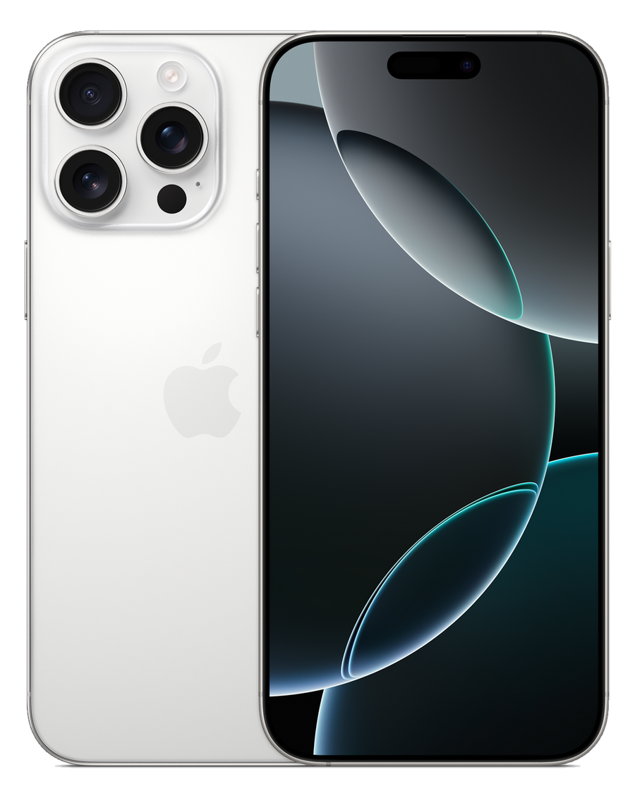 iPhone 16 Pro Max 256 Go titane blanc, vu de face et de dos