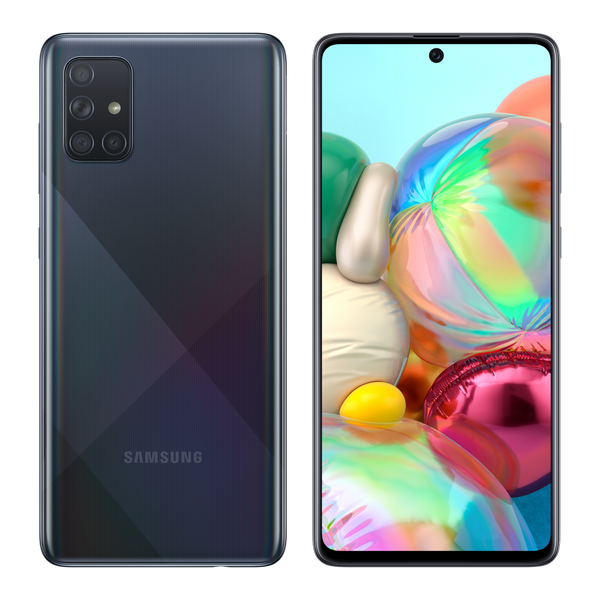 Samsung Galaxy A71 noir, dos et face