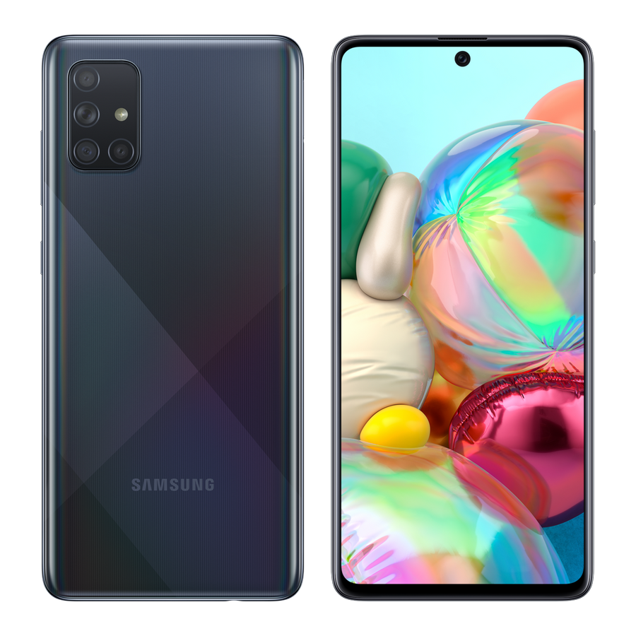 Samsung Galaxy A71 noir, dos et face