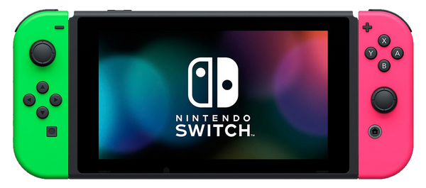 Nintendo Switch avec Joy-Con néon vert à gauche et néon rose à droite
